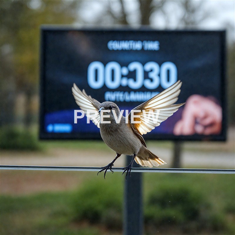 A small bird is perched on a wire with its wings spread wide, in front of a digital timer display showing 00:30, with a blurred outdoor background.